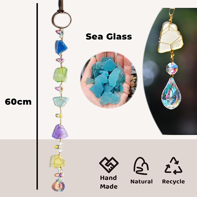 Sea Glass Nautical Wall Decor, Coastal Wall Hanging Handcrafted, Suncatchers Beach Room Decor for Home Indoor Outdoor, Coastal Art for Living Room, Bedroom and Dining Room