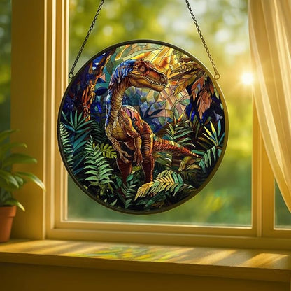 Stained Glass Window Hanging - Raptor Dinosaur in Jungle Scene Sun Catchers Indoor Stained Glass Panels Wall Decor for Mom,Wife,Lovers,Festive