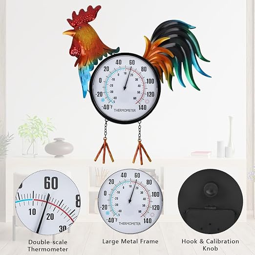 VEWOGARDEN Decorative Rooster Outdoor Thermometer Waterproof Metal Indoor Outdoor Thermometer for Patio, Garden, Backyard & Indoor Home Décor