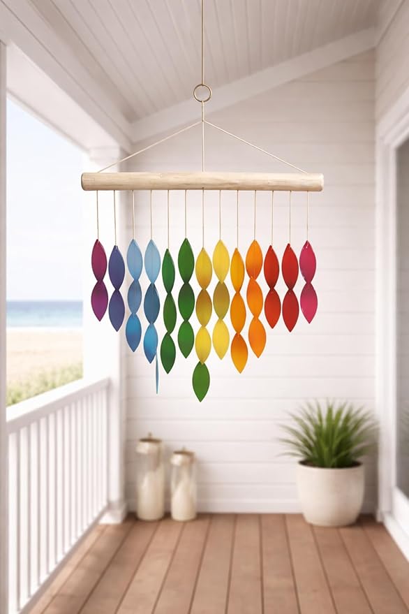 OMA Rainbow Waterfall Glass Wind Chime – Sandblasted Recycled Glass & Driftwood, Handcrafted Large 20″ Chime for Porch, Patio & Home