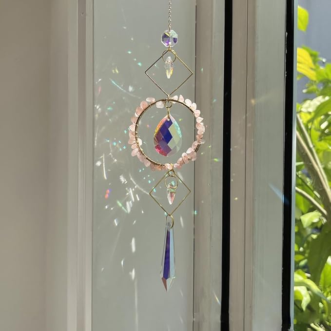 Crystal Suncatchers Window Hanging Wind Chime Natural Fluorite Rose Quartz Pendant Ornament,for Home, Garden Tree Plants, and Meditation Decor (Pink)