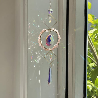 Crystal Suncatchers Window Hanging Wind Chime Natural Fluorite Rose Quartz Pendant Ornament,for Home, Garden Tree Plants, and Meditation Decor (Pink)
