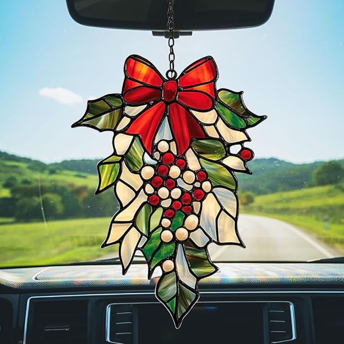 Mistletoe Acrylic Suncatcher Stained Glass Effect Window Car Hanging Christmas Ornament Indoor Outdoor Decor Garden Sun Catcher Panel for Christmas Lover for Women Mom Grandma