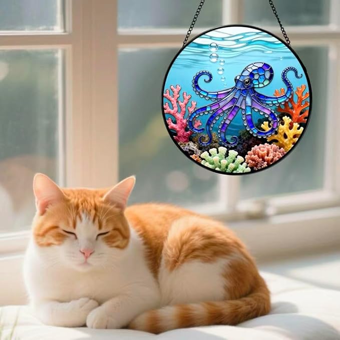 Stained Glass Window Hanging - The Blue Octopus is Foraging in The Coral 6.3 Inches Suncatcher for Garden Home Decor for Women Mon Grandma Friends