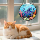 Stained Glass Window Hanging - The Blue Octopus is Foraging in The Coral 6.3 Inches Suncatcher for Garden Home Decor for Women Mon Grandma Friends