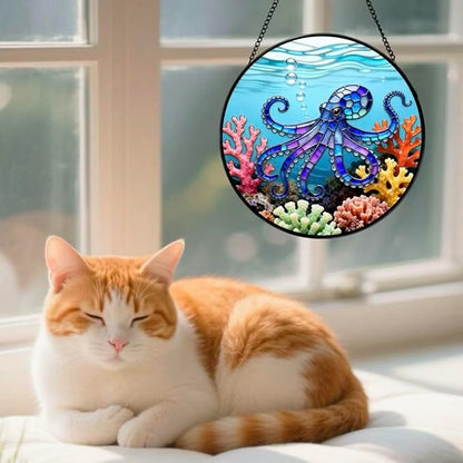 Stained Glass Window Hanging - The Blue Octopus is Foraging in The Coral 6.3 Inches Suncatcher for Garden Home Decor for Women Mon Grandma Friends