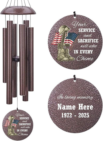 36inch Personalized Wind Chimes, Memorial Wind Chimes for US Veteran, Wind Chime for Loss of Loved Dad, Sympathy Memorial Gifts, Thank You Veteran Solider, Outdoor Decor (Produced in USA)