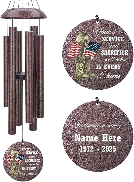36inch Personalized Wind Chimes, Memorial Wind Chimes for US Veteran, Wind Chime for Loss of Loved Dad, Sympathy Memorial Gifts, Thank You Veteran Solider, Outdoor Decor (Produced in USA)