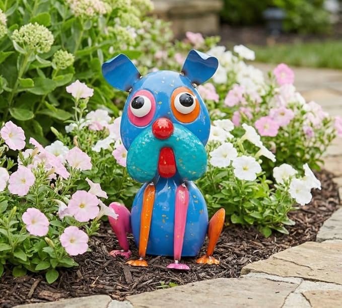 Blue Metal Dog Statue with Wobbly Head, Bull Dog Outdoor Garden Decor, Indoor Home Decoration, Yard Art Animal Sculpture Ornament