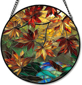 Autumn Leaves Stained Glass Window Hanging Panel – Nature Fall Suncatcher Wall Art for Home Window Decor and Gift