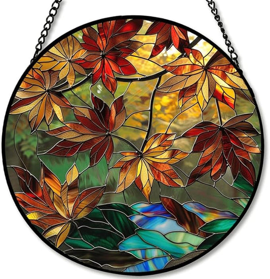 Autumn Leaves Stained Glass Window Hanging Panel – Nature Fall Suncatcher Wall Art for Home Window Decor and Gift