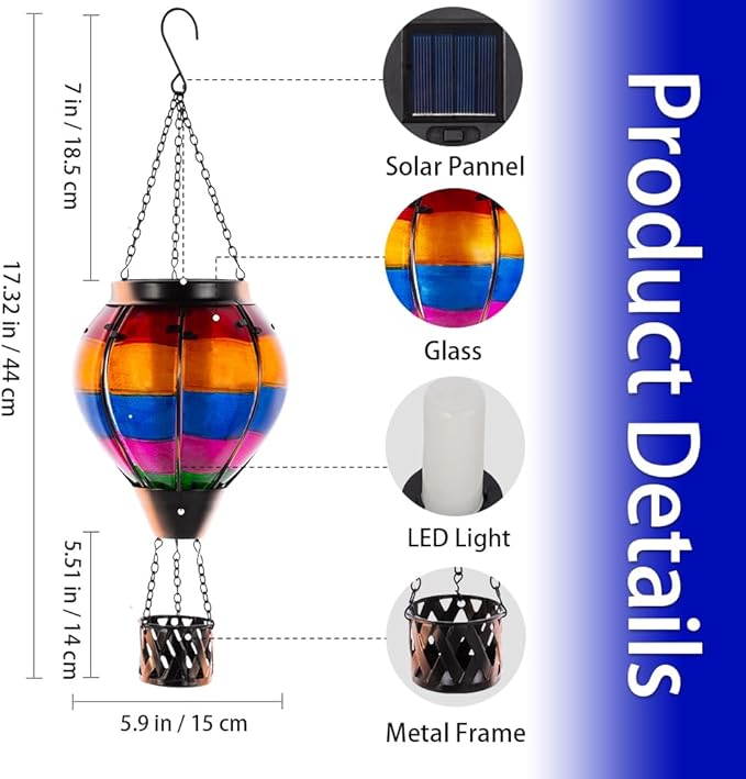 10 FT Rain Chain for Outside with 10 Bee Pattern Cups, Unique Hot Air Balloon Solar Lantern with Flickering Flame, Outdoor Decorative for Patio, Garden, Porch