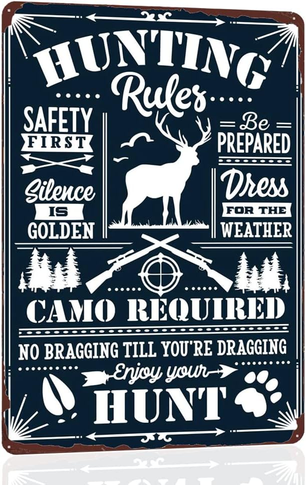 Hunting Rules Metal Tin Sign - Camo Required, Safety First - Deer Hunting Poster Vintage Warning Sign for Farmhouse Outdoor Yard Rustic Wall Decor 12x8 Inch