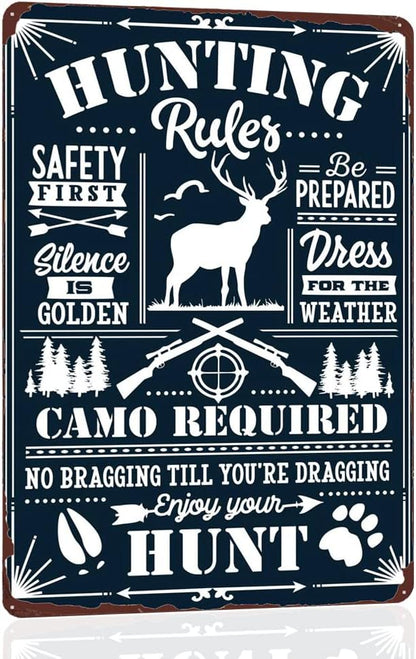 Hunting Rules Metal Tin Sign - Camo Required, Safety First - Deer Hunting Poster Vintage Warning Sign for Farmhouse Outdoor Yard Rustic Wall Decor 12x8 Inch