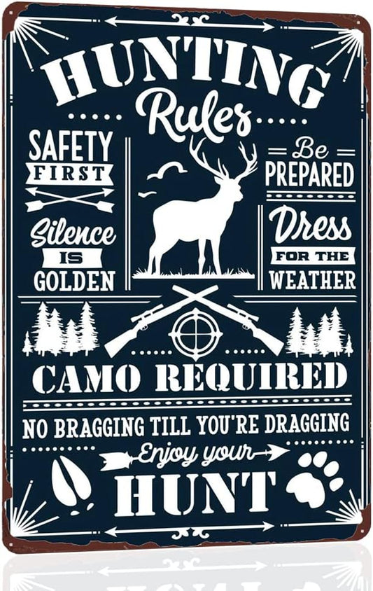 Hunting Rules Metal Tin Sign - Camo Required, Safety First - Deer Hunting Poster Vintage Warning Sign for Farmhouse Outdoor Yard Rustic Wall Decor 12x8 Inch