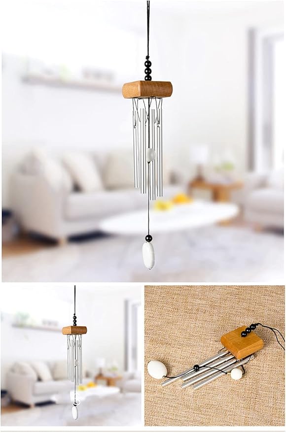 i-lan　4 Pack Small Silver Wind Chime with Ceramic Blank Drops, Metal Garden Wind Chimes with Different Len Bell Tubes, Soothing Harmony Sound Mini Outdoor Windcatcher Porches Décor