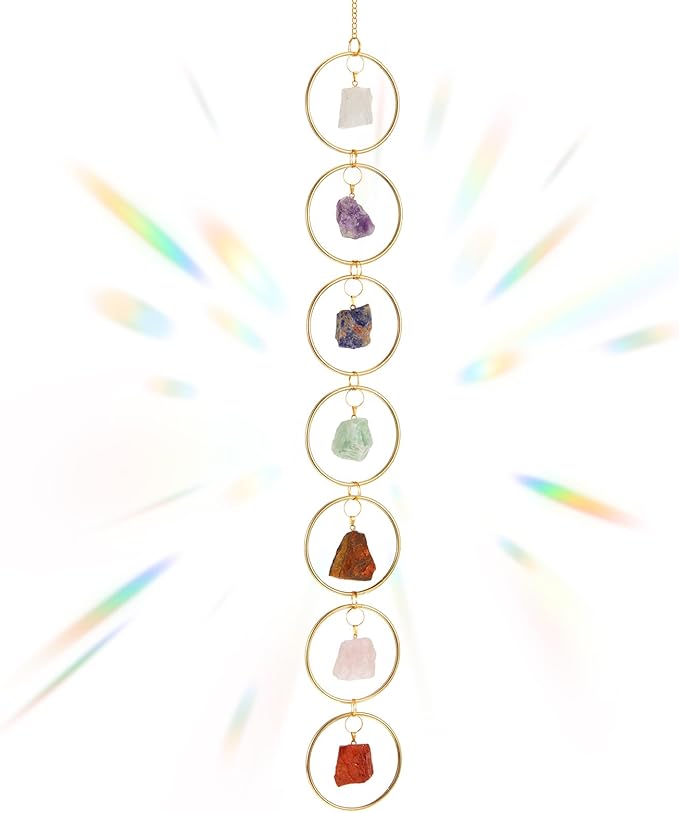 Thyle Healing Crystal Wind Chimes for Outside Window 7 Chakra Hanging Crystal Sun Catchers for Easter Indoor Outdoor Home Wall Decor Birthday Gifts(Rough Stone Style)