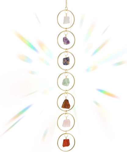 Thyle Healing Crystal Wind Chimes for Outside Window 7 Chakra Hanging Crystal Sun Catchers for Easter Indoor Outdoor Home Wall Decor Birthday Gifts(Rough Stone Style)
