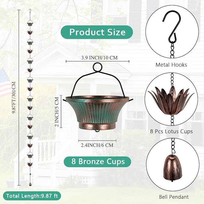 9.8FT Lotus Rain Chains for Outside, Rain Gutter Chain with 16 Cups, Adjustable Rain Catcher Chain for Eaves Drainage, Replacement for Downspout