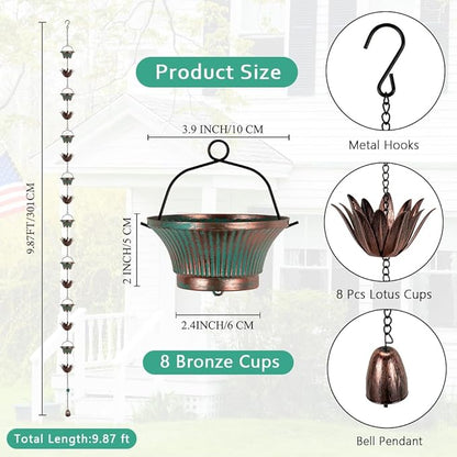 9.8FT Lotus Rain Chains for Outside, Rain Gutter Chain with 16 Cups, Adjustable Rain Catcher Chain for Eaves Drainage, Replacement for Downspout