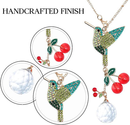 Crystal Hummingbird Sun Catcher with Rhinestones – Sparkling Prism Hanging Ornament for Window, Garden & Car Mirror, Cherry Crystal Décor and Gift for Women, Mom & Bird Lovers