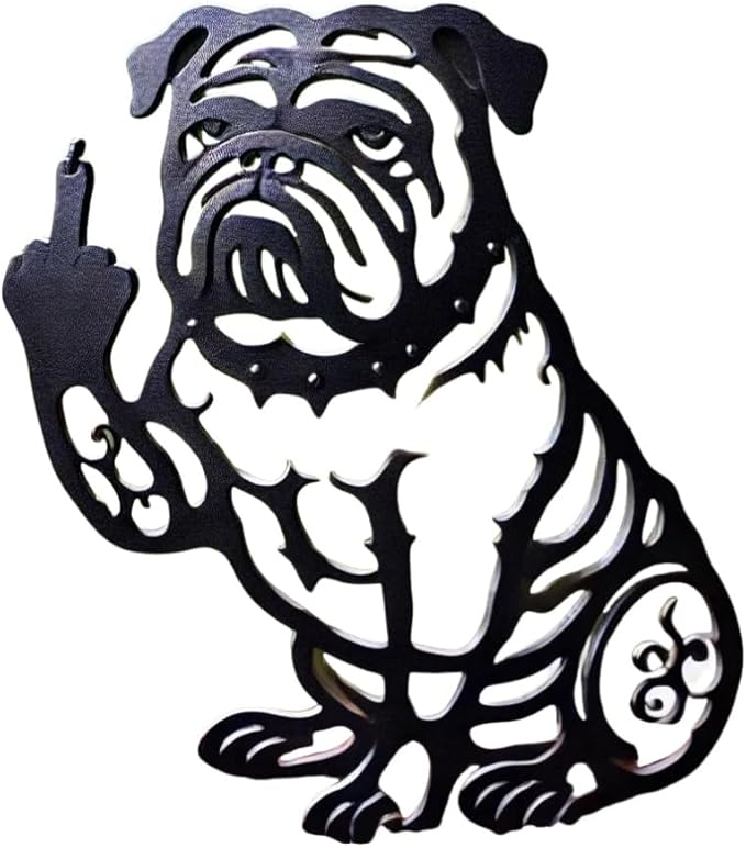 Funny Bulldog Metal Garden Decor Middle Finger Bulldog Dog, Large Garden Stakes Decorative Dogs Silhouette Statues for Yard Lawn Pathway Patio Ornaments (M 15"×20")