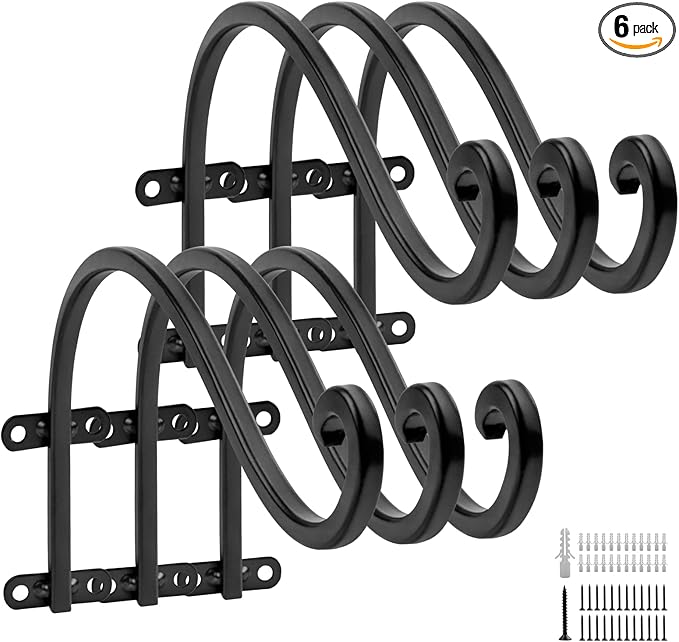 6 Pack Heavy Duty 12 Inch Hanging Plant Bracket, Ideal for Indoor and Outdoor Use, Black Plant Hanger Bracket for Plants, Baskets, Bird Feeders, Lanterns, and Wind Chimes