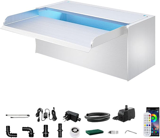 Longrun Pond Waterfall Box with Pump Kit, 304 Stainless Steel Pond Waterfall Spillway with 680 GPH 3000L/H Pump for Ponds, Pond Spillway Color-Changing LED Light Strip for Garden (11.8")