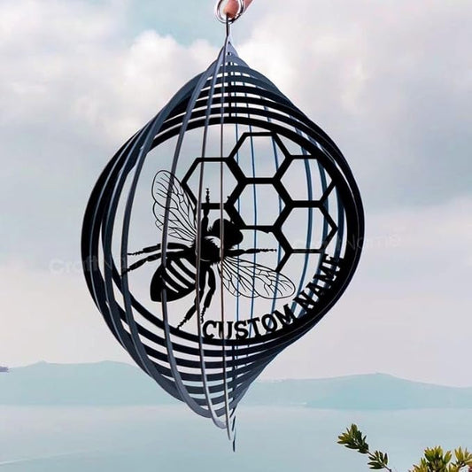 Personalized Bee Metal Wind Spinner, Custom Yard Ornament for Outdoor Spaces, Kinetic Garden Sculpture, Pollinator Lover Gift (Bee Garden Wind Spinner)