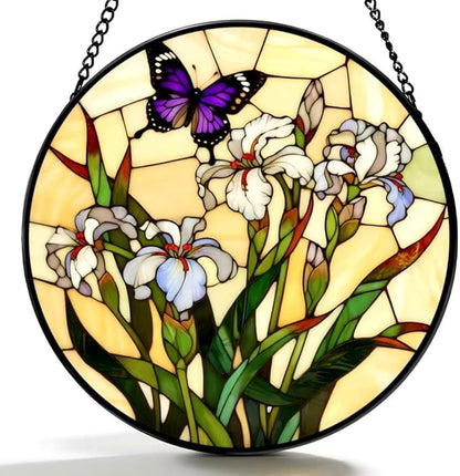 Funoasis Stained Glass Window Hanging 6.3 Inches Suncatcher - Beautiful Irises and Butterfly Ornaments Sun Catcher Home Decor Women Birthday
