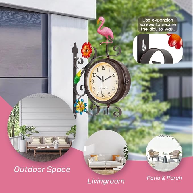 Flamingo Vintage Double Sided Wall Clock with Metal Frame Antique Wall Clock for Outdoor Decorative Art Decor for Living Room Restaurants Office Kitchen Silent Watches & 360 Degree Rotate