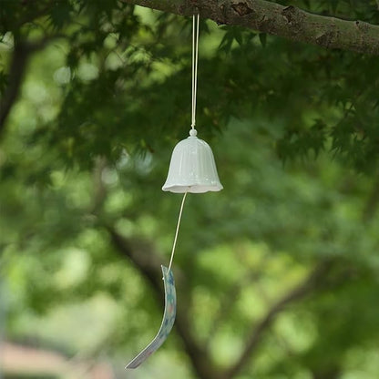 Set of 2 Ceramic Small Japanese Wind Chimes Outdoor, Cute Handmade Pendants Wind Bells/Wind Chimes for Outside with Soothing Melodic Tones for Garden Patio Balcony Home Décor Green&White