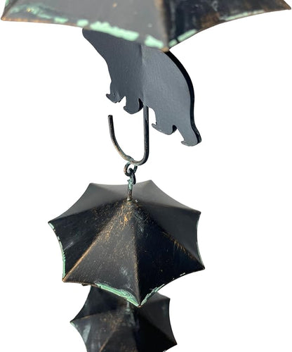 Verdigris Umbrella & Black Bear Rain Chain - 75 inches Long with 10 3D Designs, Weighted Bell for Wind Chime Sound - Eco-Friendly Water Collection or Downspout Replacement