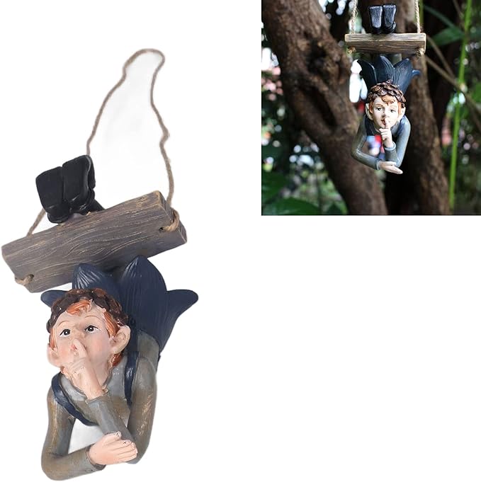 Outdoor Cute Hanging Statue Hanging Elf Statue Resin Swinging Garden Decoration Swing Elf Figurine for Fairy Garden Outdoor