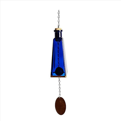 Blue Ridge Mountain Gifts Pyramid Bottle Wind Chime for Garden & Porch Decor w/Cooper Accent, Stained Wooden Ball, & Colorful Glass Bottles - Ideal for Wind Chime Lovers (Cobalt Blue)