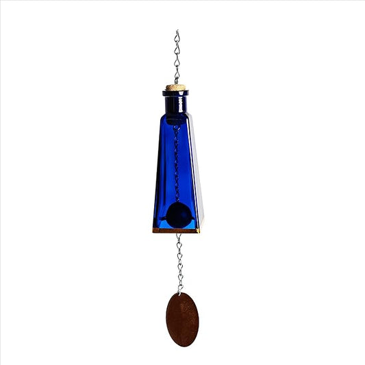 Blue Ridge Mountain Gifts Pyramid Bottle Wind Chime for Garden & Porch Decor w/Cooper Accent, Stained Wooden Ball, & Colorful Glass Bottles - Ideal for Wind Chime Lovers (Cobalt Blue)