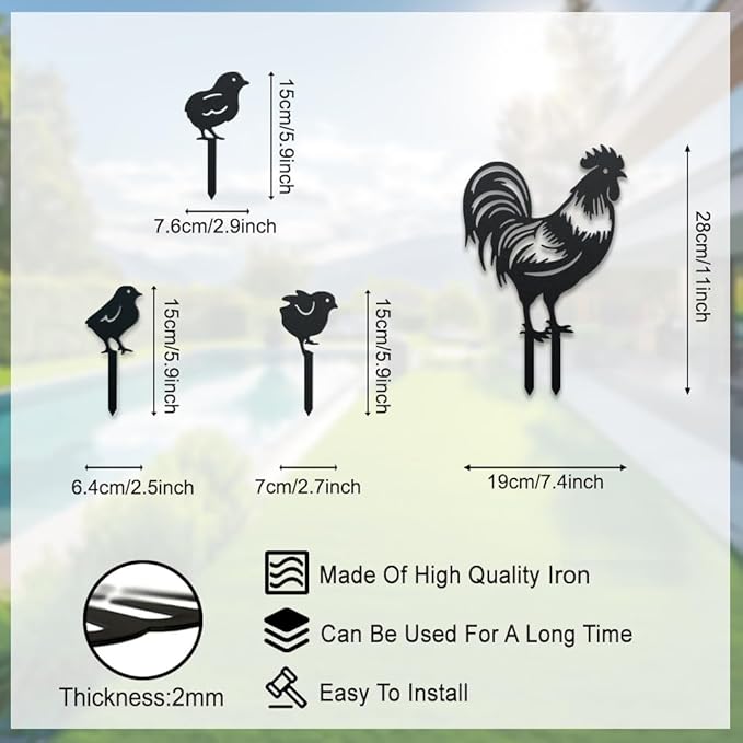 WADORN Chicken Metal Outdoor Statues Silhouette, Rooster Chicks Metal Decorative Garden Stakes Cute Rooster Silhouette Ornament Gift Animal Outdoor Decoration for Garden Backyard Patio Lawn Outdoor