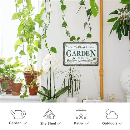 Putuo Decor Garden Sign, Decorative Outdoor Backyard Decor, Gift for Gardeners, 12x8 Inches Metal Sign (To Plant a Garden Is to Believe in Tomorrow)