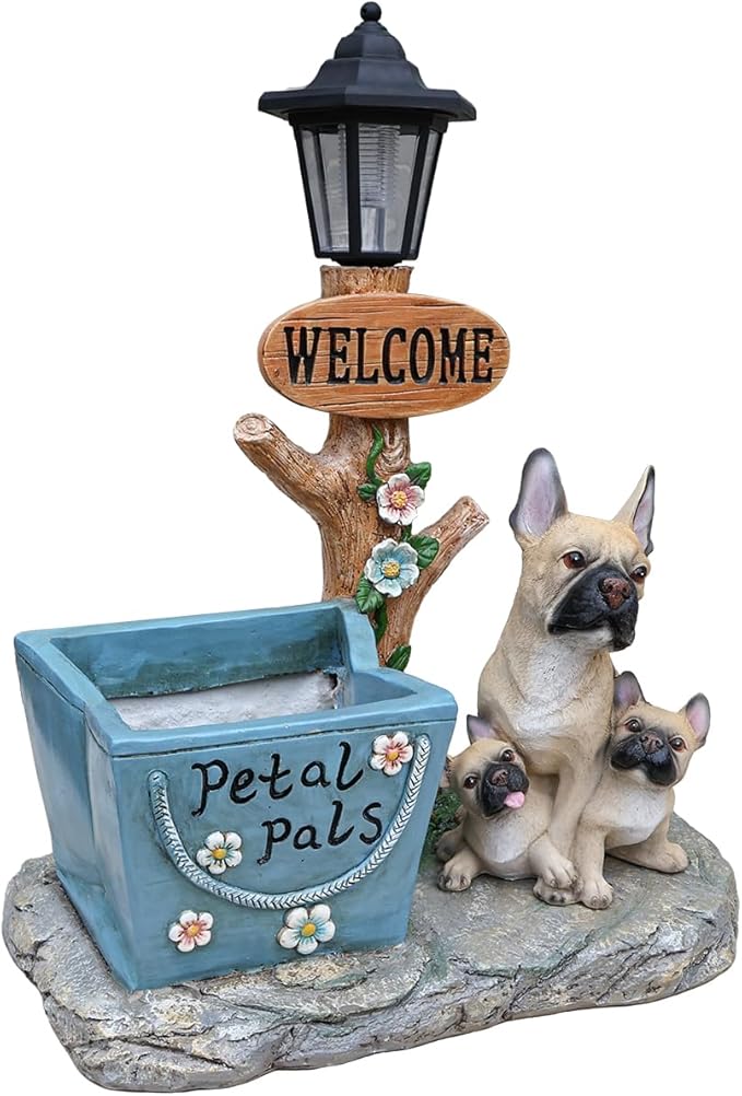 Solar Light Animal Outdoor Statue Planter with Welcome Sign, Resin Garden Sculpture Flower Pot for Patio Lawn Porch Yard Courtyard Decor, Weather-Resistant Decorative Figurine Accent (I)
