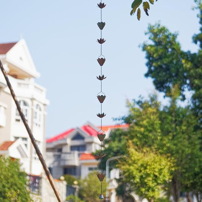 Lotus Rain Chains for Gutters, Rain Chains with 8 Cups, Adjustable Rain Catcher Chain for Outside, Replacement Downspout for Gutters, Eaves, Drainage