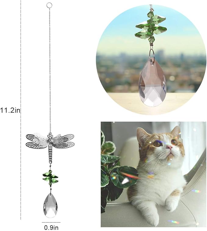 WEISIPU Crystal Suncatcher Prism - Dragonfly Suncatchers for Windows Hanging Rainbow Maker, Christmas Tree Decor, K9 Crystal Metal Ornament, Gifts (Green)