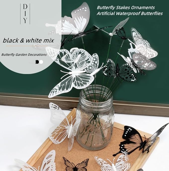 3D Butterfly Garden Stake Decor,10" PVC Butterfly Garden Decor for Outside,Shaking Head Artificial Butterflies for Cake Bouquet Wall Lawn Pathway Plant Pot Flower Bed Yard Decor (50, Black&White Mix)