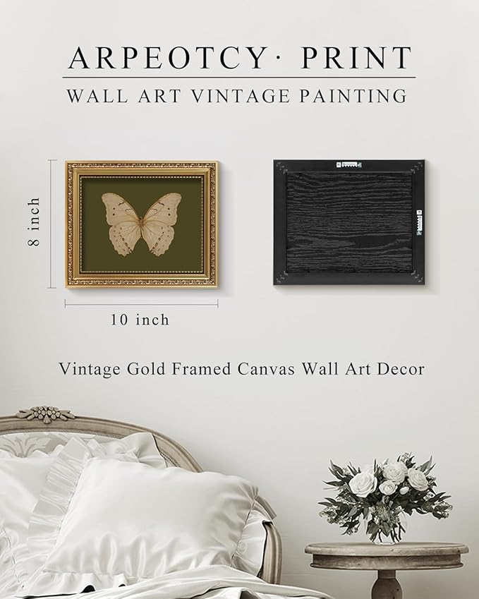 ARPEOTCY Vintage Gold Framed Wall Art, Classical White Butterfly Paintings, 8x10 inch Small Moody Green Canvas Prints with Antique Picture Frame, Victorian Wall Decor for Gallery Living Room Shelf
