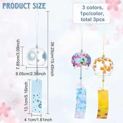 BENECREAT 3pcs Japanese Wind Chimes Flower Wind Bells Gold Blue Colorful Handmade Glass Pendants for Wedding Festival Gift, Garden Window Outdoor or Indoor Home Decors