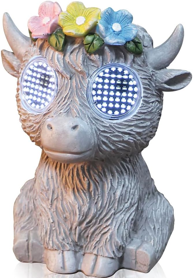 Outdoor Solar Garden Statue, Dynamic LED Light with Flower Sculpture, Art Decor for Patio Porch Lawn Backyard, Housewarming Gifts for Women (Stone Highland Cow)