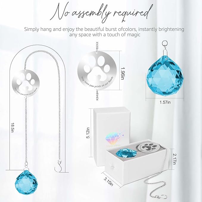 Mooncraftlogy Dog Memorial Gifts, Unique Loss of Pet Sympathy Idea, Sky Blue Crystal Ball Rainbow Suncatcher with Paw Print for Cat or Dog Remembrance and Bereavement