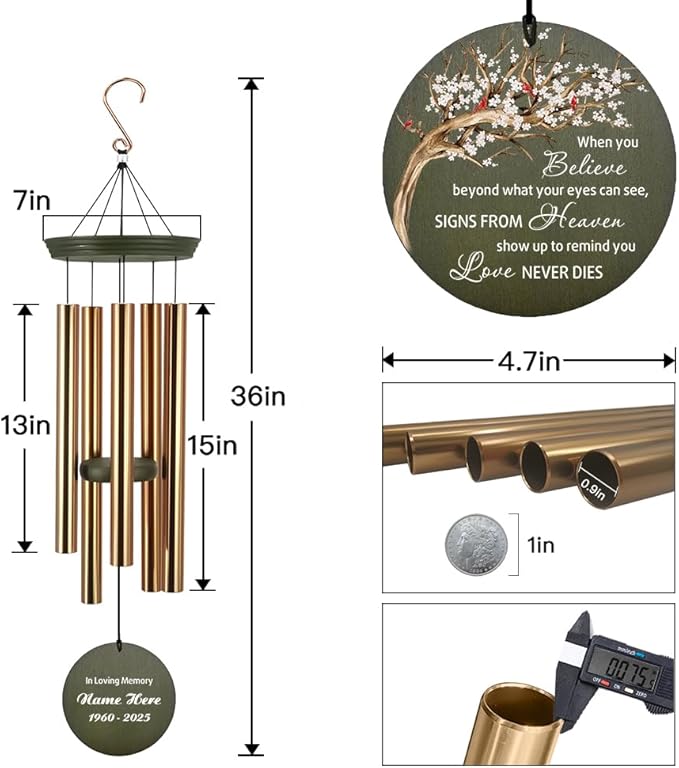 Personalized Wind Chimes, 36inch Memorial Wind Chimes, Life Tree Cardinal Custom Sympathy Gifts, in Loving Memory of Dad/Mom, Wind Chime for Loss of Loved Ones (Produced in USA)