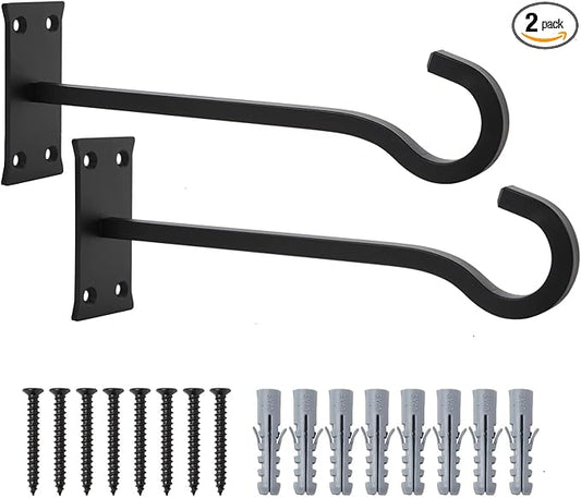 QIEGL 10inch Heavy Duty Plant Hangers Outdoor or Indoor Bird Feeder Hanger Shepherd Hooks 2pcs Black Metal Wall Hook for Hanging Plant Bracket, Lantern, Flower Basket, Wind Chimes