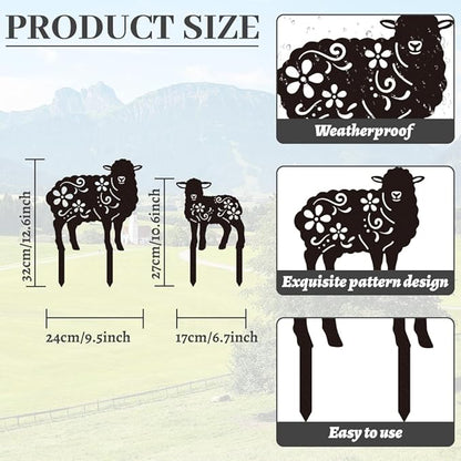 WADORN 2 Styles Sheep Metal Decorative Garden Stakes, Funny Sheep Flowers Metal Silhouette Statues Animal Garden Ornament Gifts Black Yard Art Decoration for Outdoor Backyard Patio Lawn Walkways