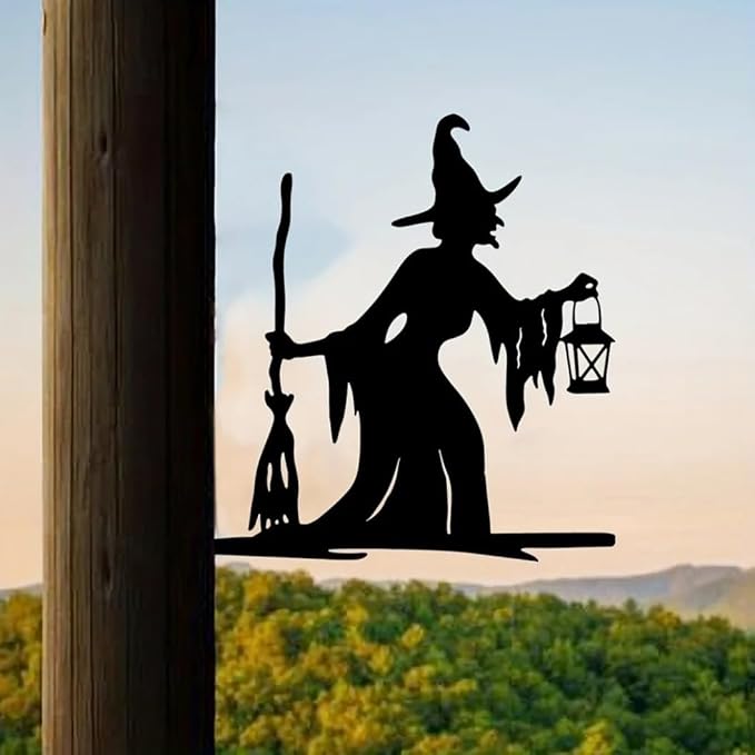 Witch Lantern on Branch Steel Silhouette Outdoor Decor Metal Wall Art Home Garden Yard Patio Outdoor Statue Stake Decor, Black